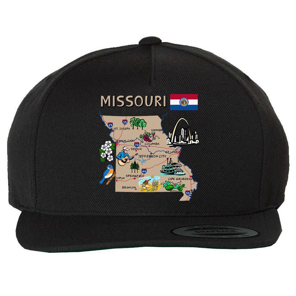 Map of Missouri Landmarks major cities roads flag Wool Snapback Cap