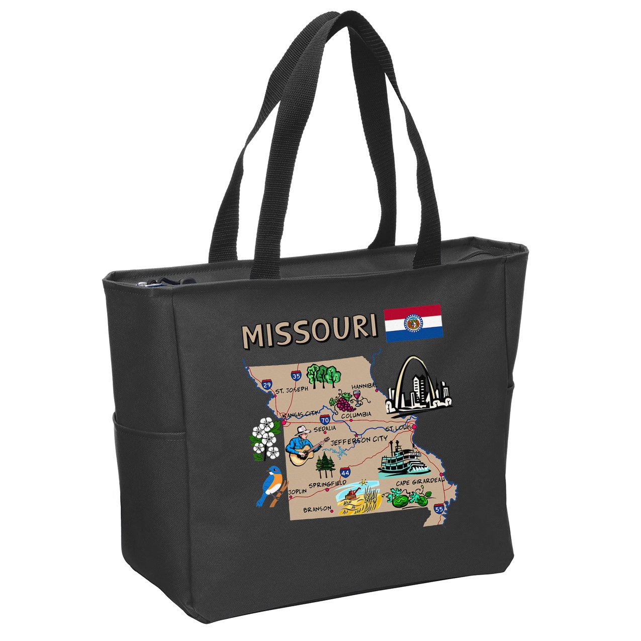 Map of Missouri Landmarks major cities roads flag Zip Tote Bag
