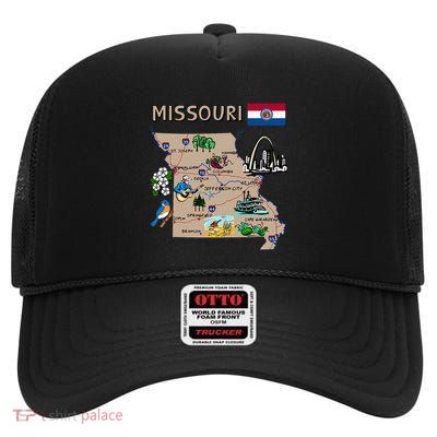 Map Of Missouri Landmarks Major Cities Roads Flag High Crown Mesh Back Trucker Hat