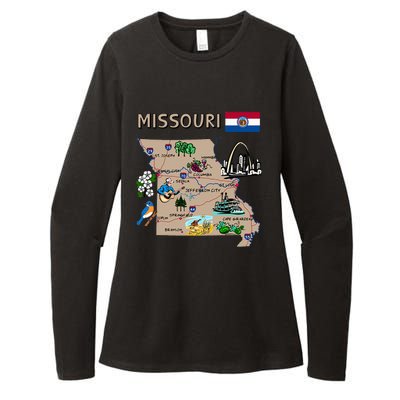 Map Of Missouri Landmarks Major Cities Roads Flag Womens CVC Long Sleeve Shirt