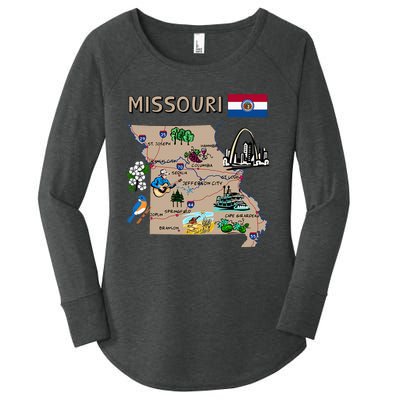 Map Of Missouri Landmarks Major Cities Roads Flag Women's Perfect Tri Tunic Long Sleeve Shirt