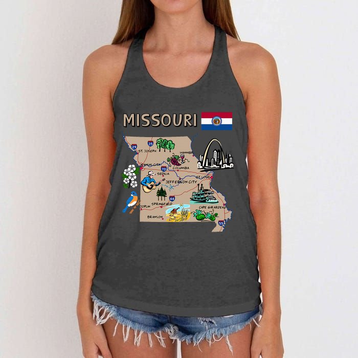 Map Of Missouri Landmarks Major Cities Roads Flag Women's Knotted Racerback Tank