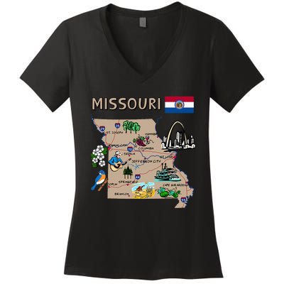 Map Of Missouri Landmarks Major Cities Roads Flag Women's V-Neck T-Shirt