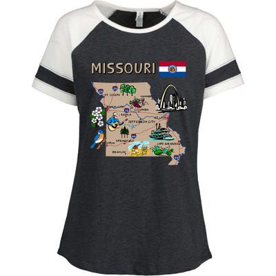 Map Of Missouri Landmarks Major Cities Roads Flag Enza Ladies Jersey Colorblock Tee