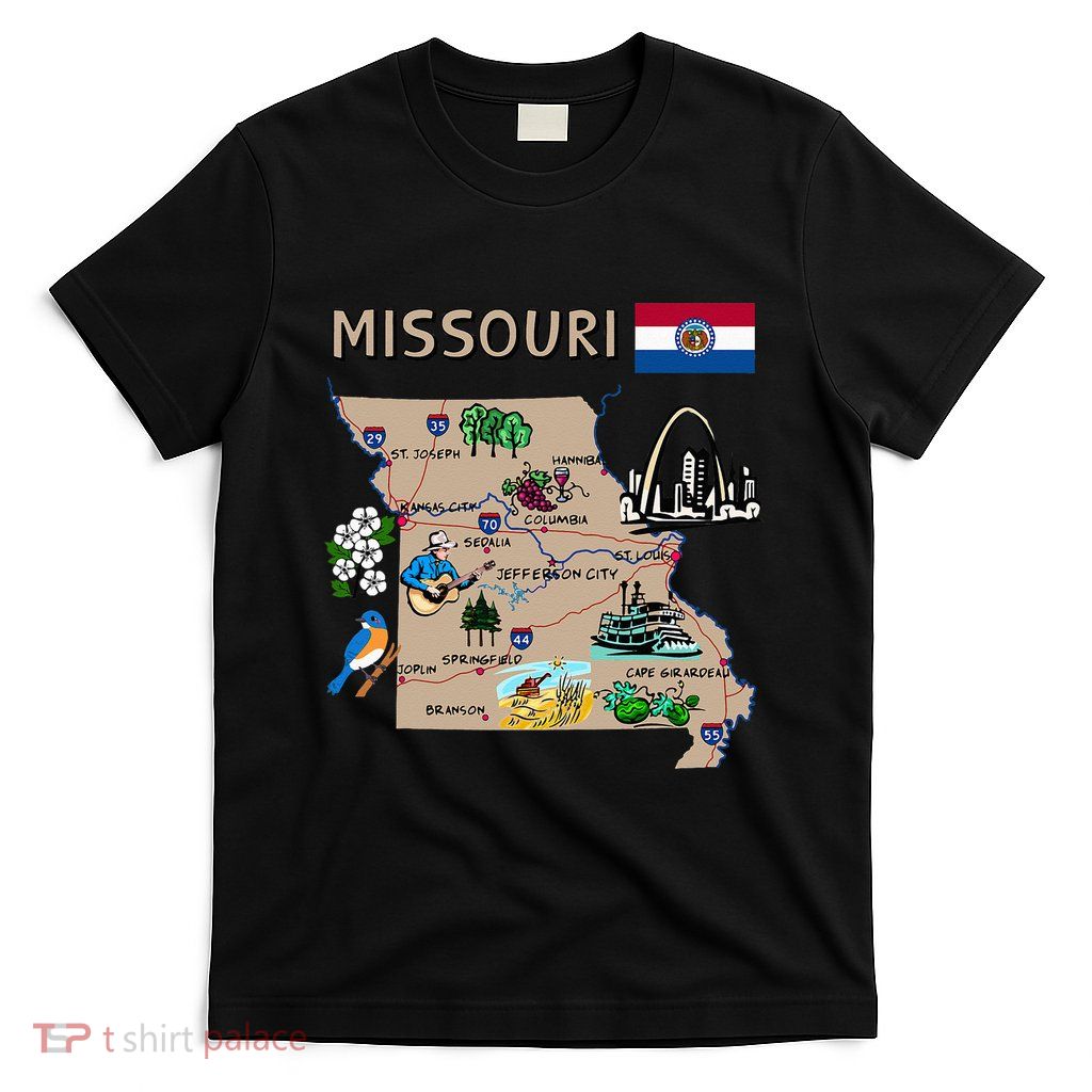 Map Of Missouri Landmarks Major Cities Roads Flag T-Shirt