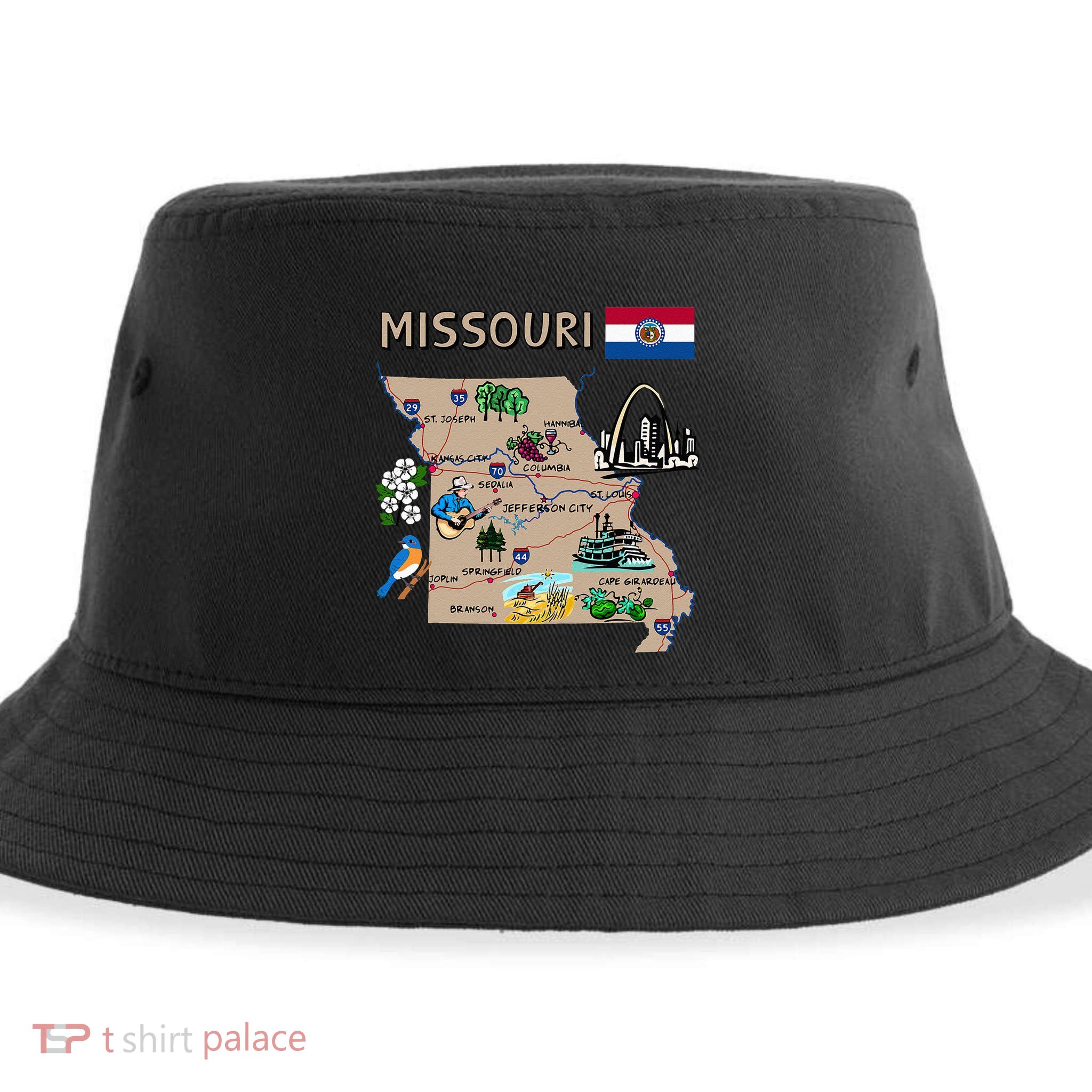 Map Of Missouri Landmarks Major Cities Roads Flag Sustainable Bucket Hat