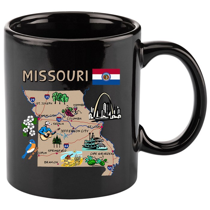 Map Of Missouri Landmarks Major Cities Roads Flag 11oz C Handle Ceramic Mug