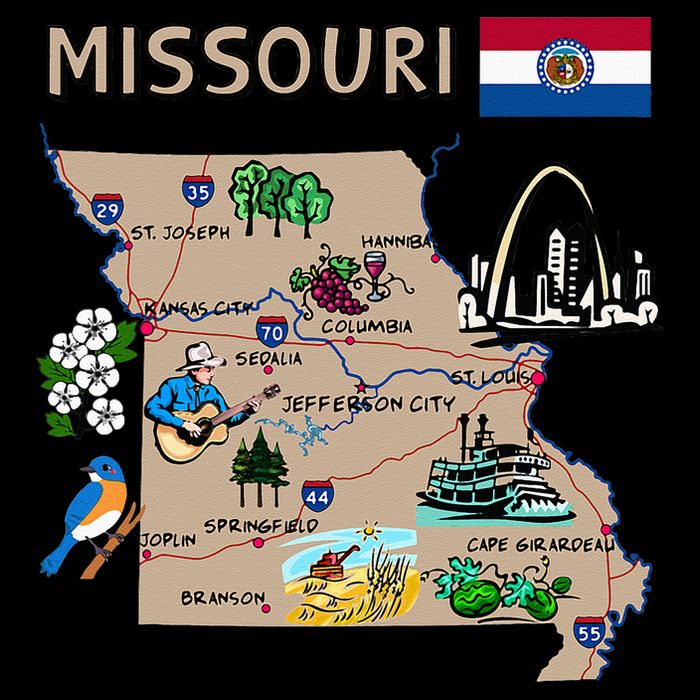Map Of Missouri Landmarks Major Cities Roads Flag Drawstring Bag