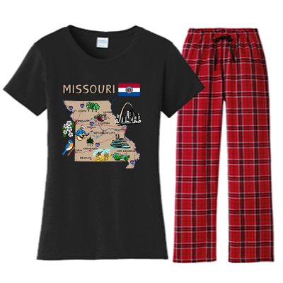 Map Of Missouri Landmarks Major Cities Roads Flag Women's Flannel Pajama Set