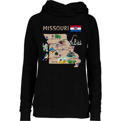 Map Of Missouri Landmarks Major Cities Roads Flag Womens Funnel Neck Pullover Hood