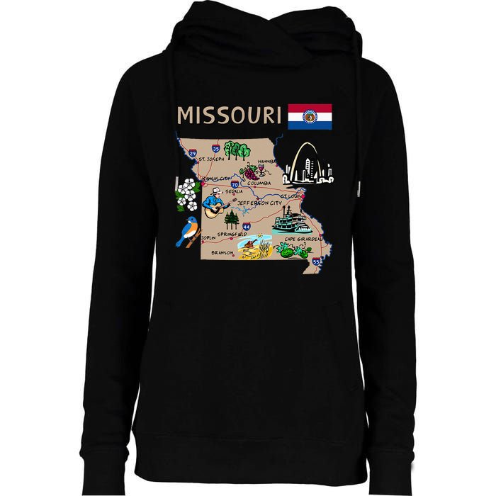 Map Of Missouri Landmarks Major Cities Roads Flag Womens Funnel Neck Pullover Hood