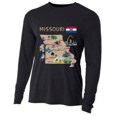 Map Of Missouri Landmarks Major Cities Roads Flag Cooling Performance Long Sleeve Crew
