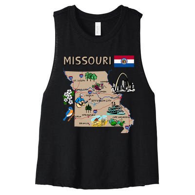 Map Of Missouri Landmarks Major Cities Roads Flag Women's Racerback Cropped Tank