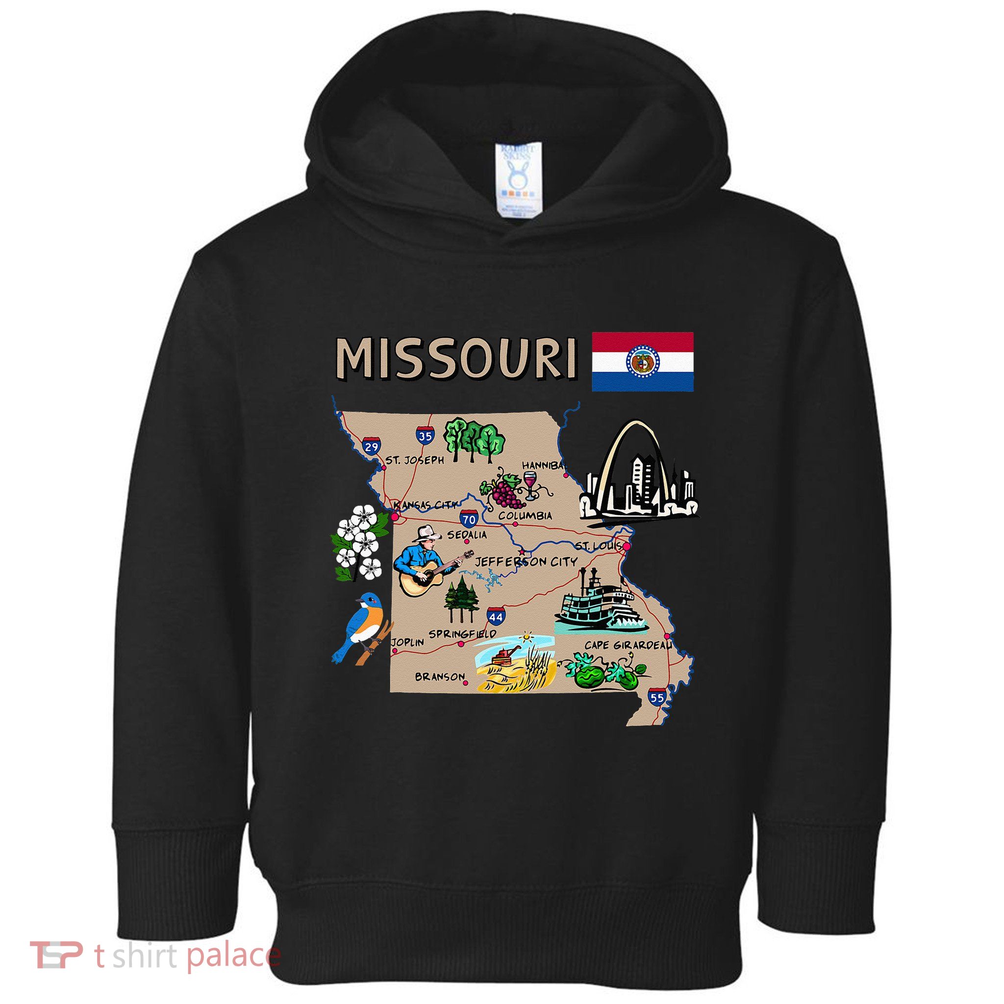 Map Of Missouri Landmarks Major Cities Roads Flag Toddler Hoodie