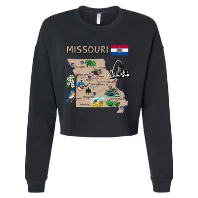 Map Of Missouri Landmarks Major Cities Roads Flag Cropped Pullover Crew