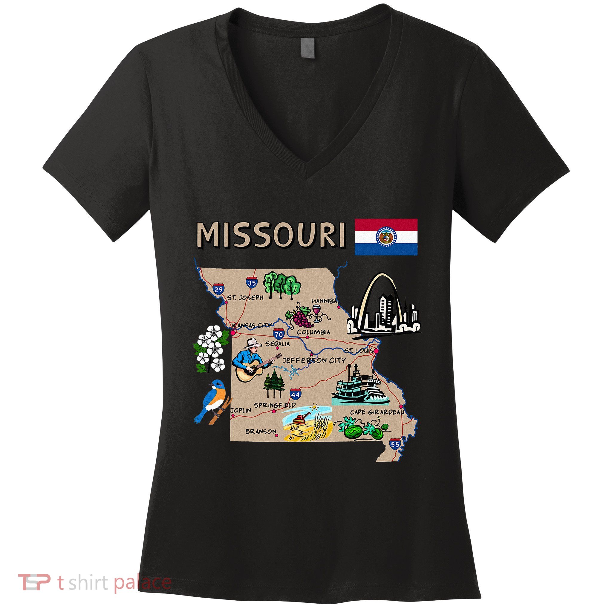 Map Of Missouri Landmarks Major Cities Roads Flag Women's V-Neck T-Shirt