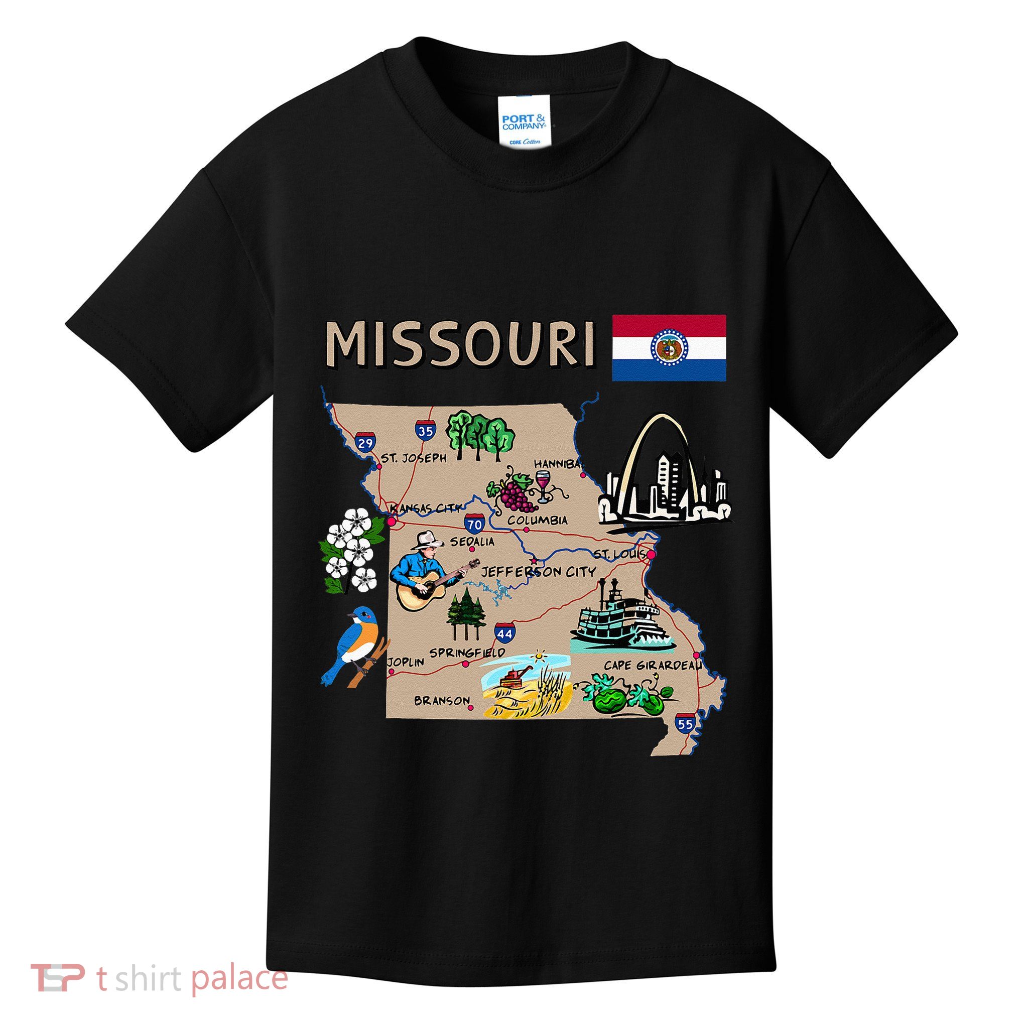 Map Of Missouri Landmarks Major Cities Roads Flag Kids T-Shirt