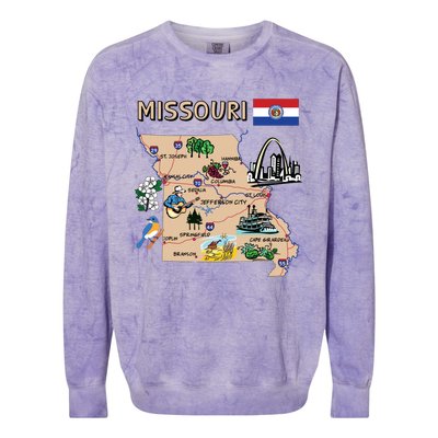 Map Of Missouri Landmarks Major Cities Roads Flag Colorblast Crewneck Sweatshirt