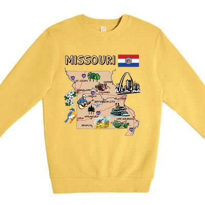 Map Of Missouri Landmarks Major Cities Roads Flag Premium Crewneck Sweatshirt