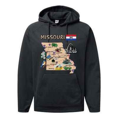 Map Of Missouri Landmarks Major Cities Roads Flag Performance Fleece Hoodie