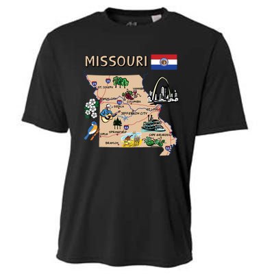 Map Of Missouri Landmarks Major Cities Roads Flag Cooling Performance Crew T-Shirt