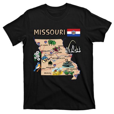 Map Of Missouri Landmarks Major Cities Roads Flag T-Shirt