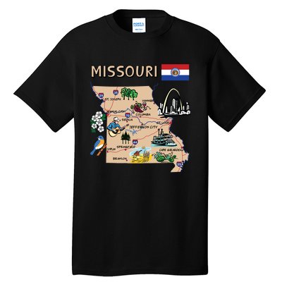 Map Of Missouri Landmarks Major Cities Roads Flag Tall T-Shirt