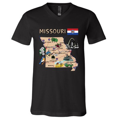 Map Of Missouri Landmarks Major Cities Roads Flag V-Neck T-Shirt