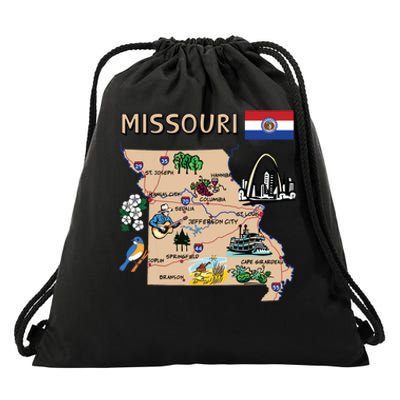 Map Of Missouri Landmarks Major Cities Roads Flag Drawstring Bag