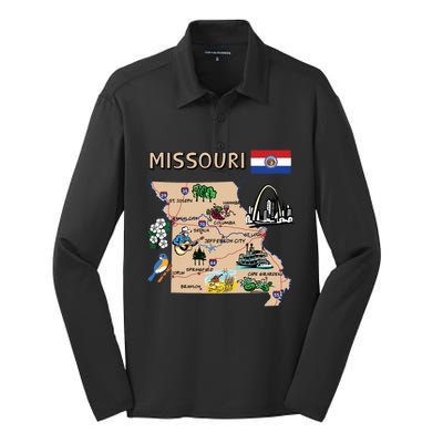 Map Of Missouri Landmarks Major Cities Roads Flag Silk Touch Performance Long Sleeve Polo