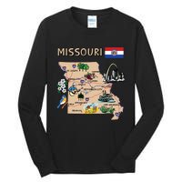 Map Of Missouri Landmarks Major Cities Roads Flag Tall Long Sleeve T-Shirt