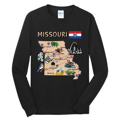 Map Of Missouri Landmarks Major Cities Roads Flag Tall Long Sleeve T-Shirt