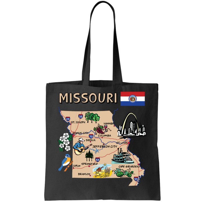 Map Of Missouri Landmarks Major Cities Roads Flag Tote Bag