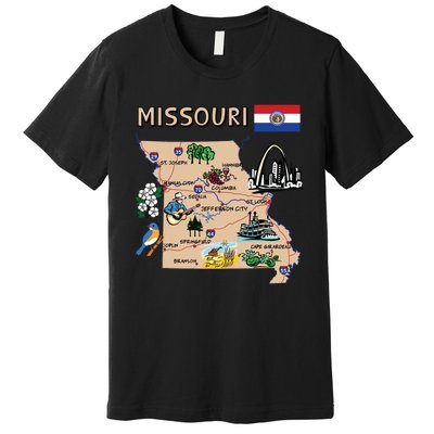 Map Of Missouri Landmarks Major Cities Roads Flag Premium T-Shirt