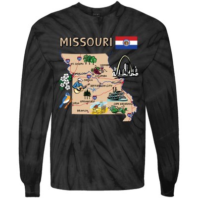 Map Of Missouri Landmarks Major Cities Roads Flag Tie-Dye Long Sleeve Shirt