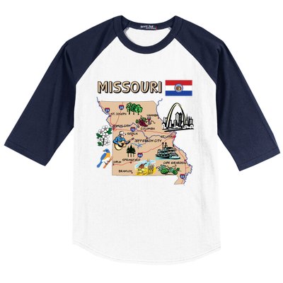 Map Of Missouri Landmarks Major Cities Roads Flag Baseball Sleeve Shirt