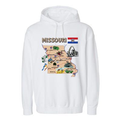 Map Of Missouri Landmarks Major Cities Roads Flag Garment-Dyed Fleece Hoodie