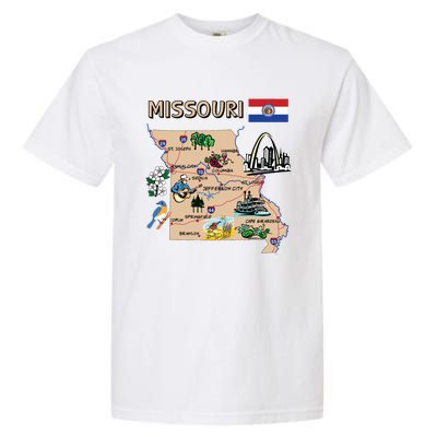 Map Of Missouri Landmarks Major Cities Roads Flag Garment-Dyed Heavyweight T-Shirt