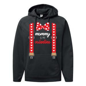 Mommy Is My Valentine Cute Bow Tie Suspenders Performance Fleece Hoodie