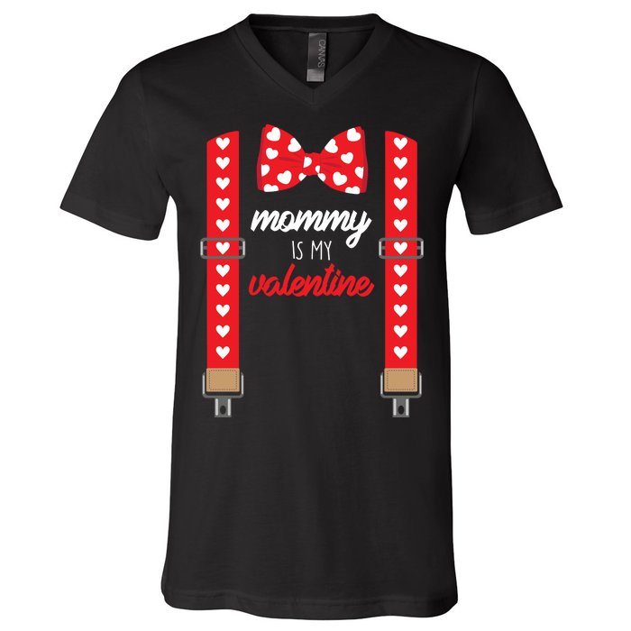 Mommy Is My Valentine Cute Bow Tie Suspenders V-Neck T-Shirt