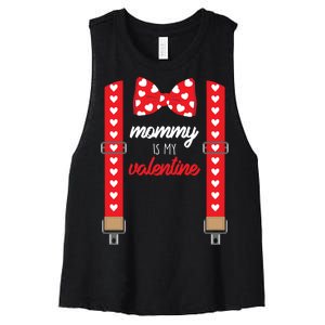 Mommy Is My Valentine Cute Bow Tie Suspenders Women's Racerback Cropped Tank