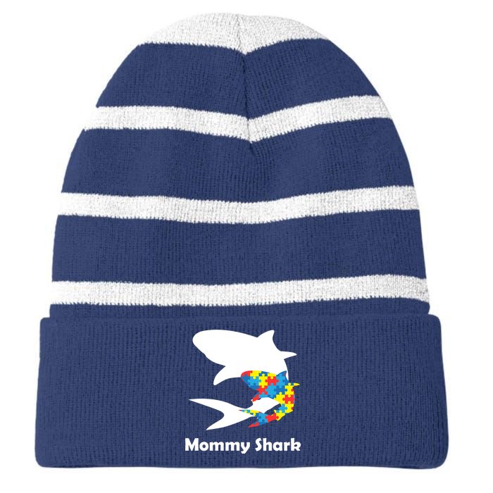 Mommy Shark Autism Awareness  Striped Beanie with Solid Band