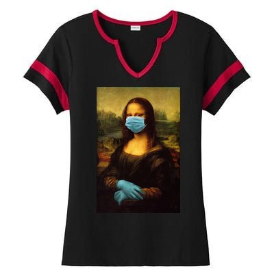 Mona Lisa Face Mas And Gloves Pandemic Ladies Halftime Notch Neck Tee