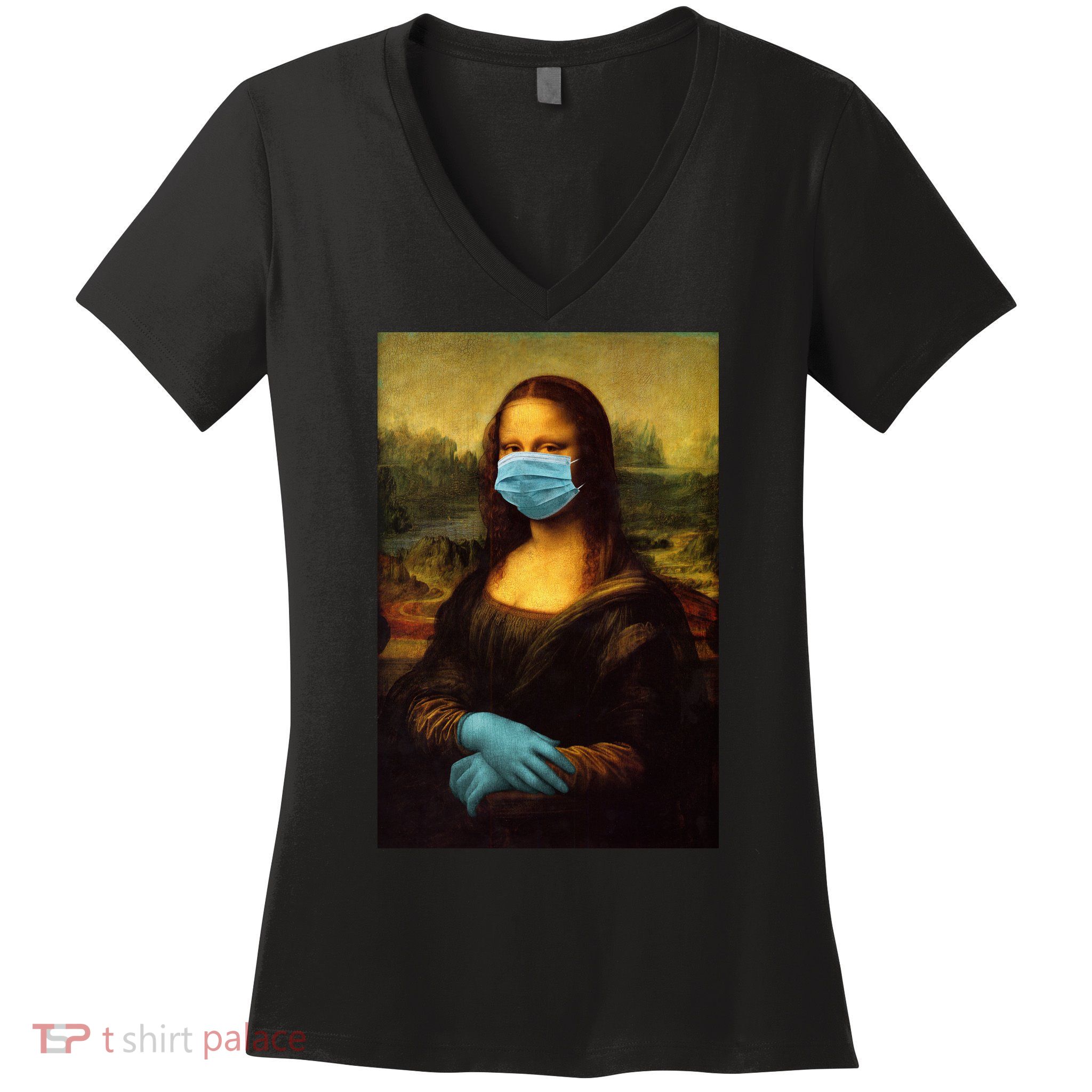 Mona Lisa Face Mas And Gloves Pandemic Women's V-Neck T-Shirt