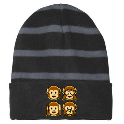 Monkey Emoji Smiley Face Striped Beanie with Solid Band