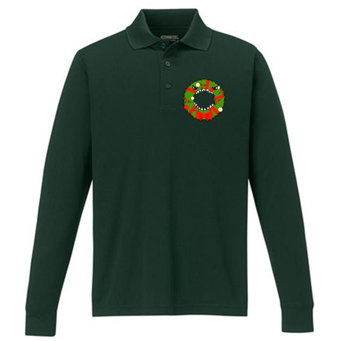 Monster Killer Christmas Wreath Performance Long Sleeve Polo