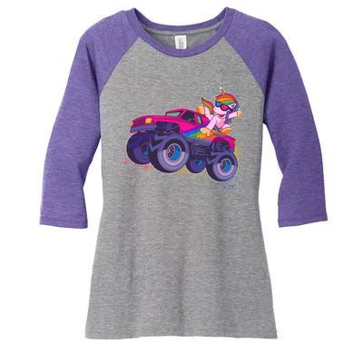 Monster Truck Unicorn Women's Tri-Blend 3/4-Sleeve Raglan Shirt