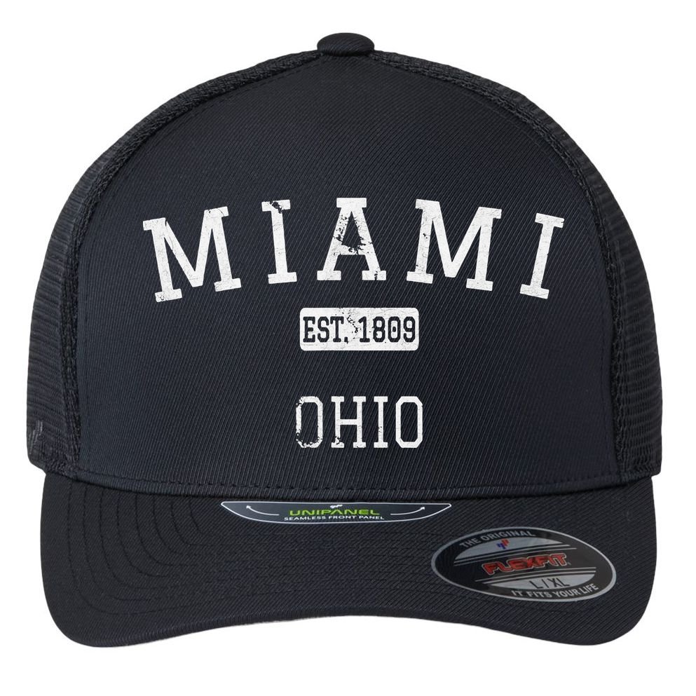 Miami Ohio OH Vintage stage athletic style Flexfit Unipanel Trucker Cap