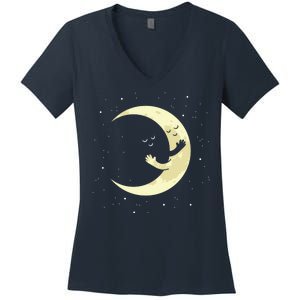 Moon Hug Sky Filled With Stars Women's V-Neck T-Shirt