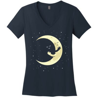 Moon Hug Sky Filled With Stars Women's V-Neck T-Shirt